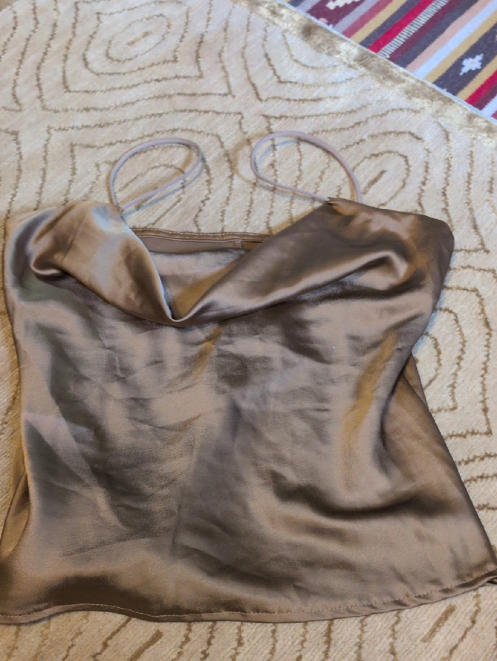 Satin Cowl Neck Spaghetti Strap Top - Taupe